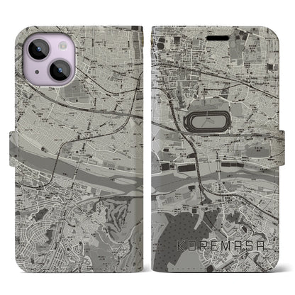 【是政（東京都）】地図柄iPhoneケース（手帳タイプ）モノトーン・iPhone 14 用