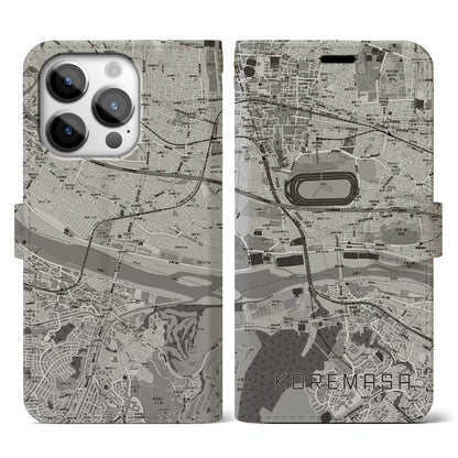 【是政（東京都）】地図柄iPhoneケース（手帳タイプ）モノトーン・iPhone 14 Pro 用