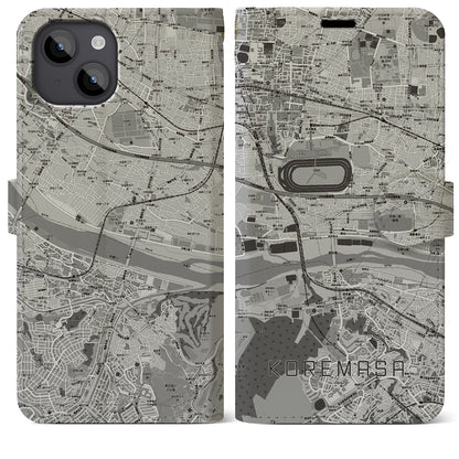 【是政（東京都）】地図柄iPhoneケース（手帳タイプ）モノトーン・iPhone 14 Plus 用