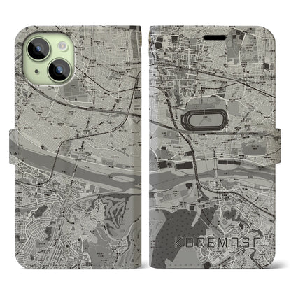 【是政（東京都）】地図柄iPhoneケース（手帳タイプ）モノトーン・iPhone 15 用