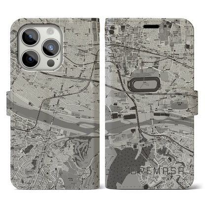 【是政（東京都）】地図柄iPhoneケース（手帳タイプ）モノトーン・iPhone 15 Pro 用