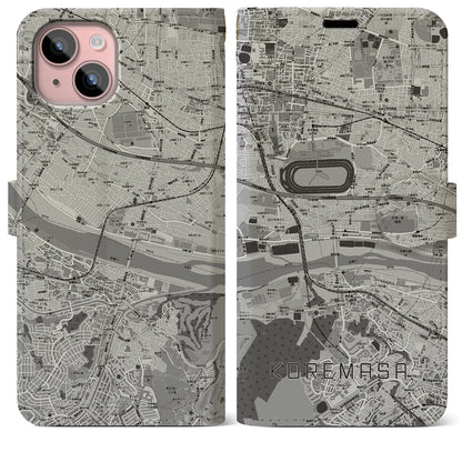 【是政（東京都）】地図柄iPhoneケース（手帳タイプ）モノトーン・iPhone 15 Plus 用