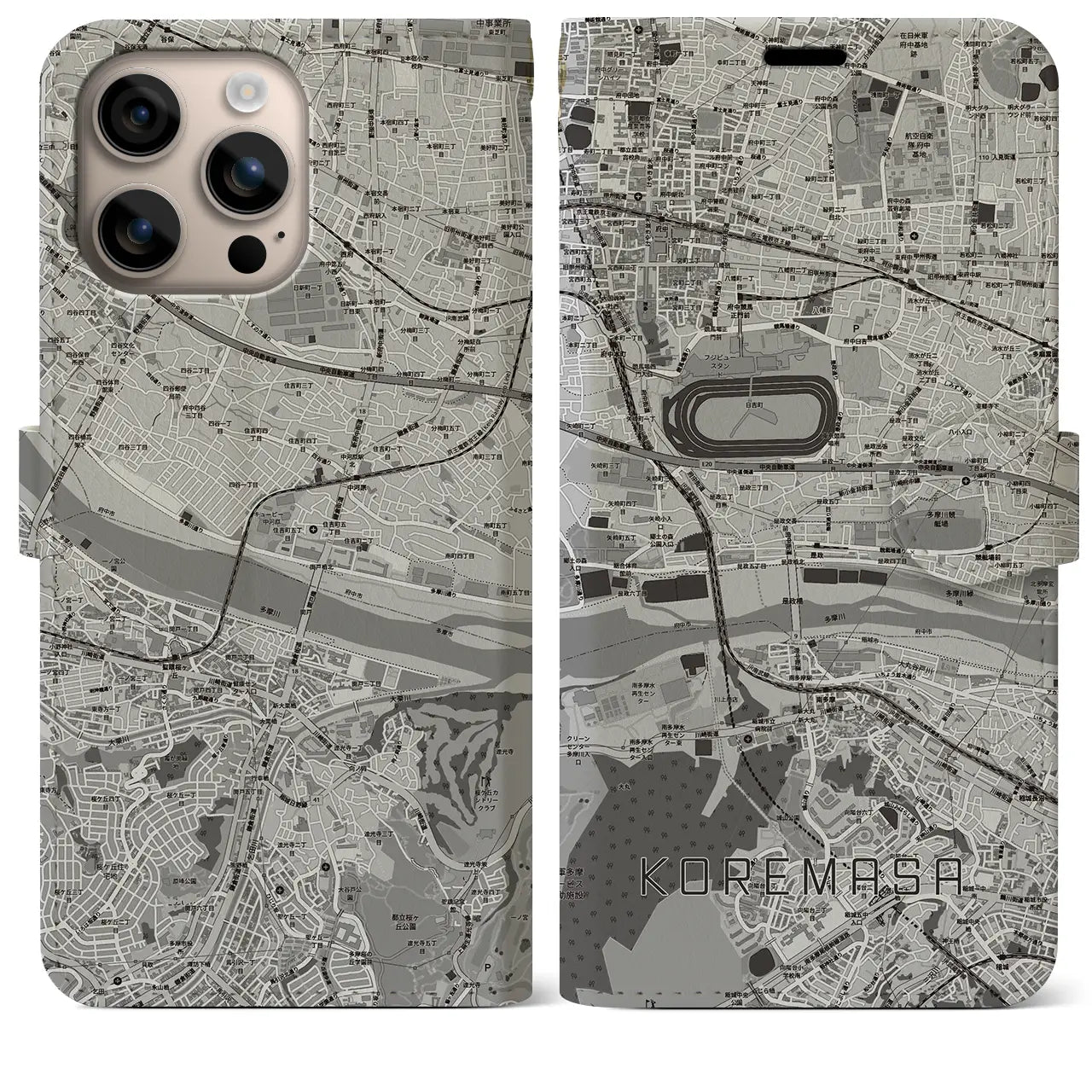 【是政（東京都）】地図柄iPhoneケース（手帳タイプ）モノトーン・iPhone 16 Plus 用