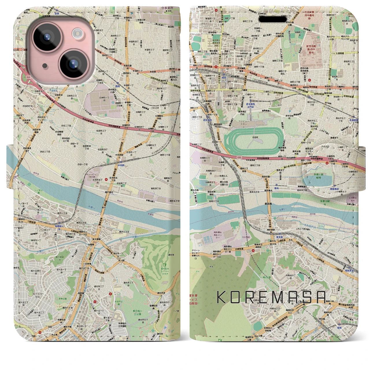 【是政】地図柄iPhoneケース（手帳タイプ・ナチュラル）iPhone 15 Plus 用