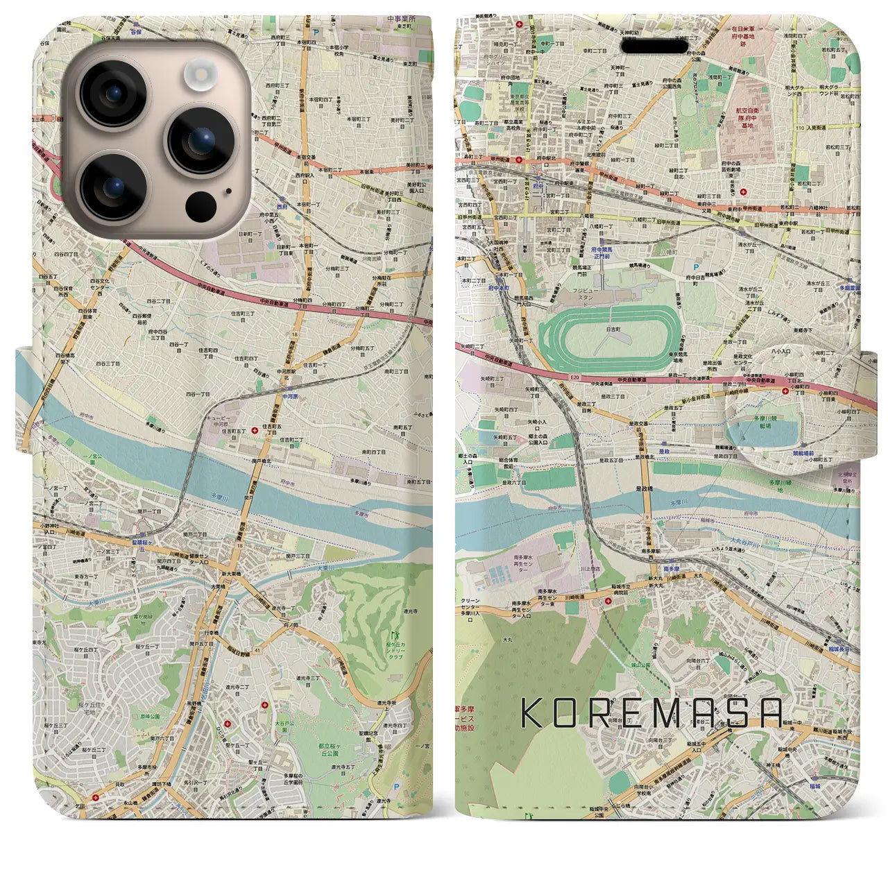 【是政（東京都）】地図柄iPhoneケース（手帳タイプ）ナチュラル・iPhone 16 Plus 用