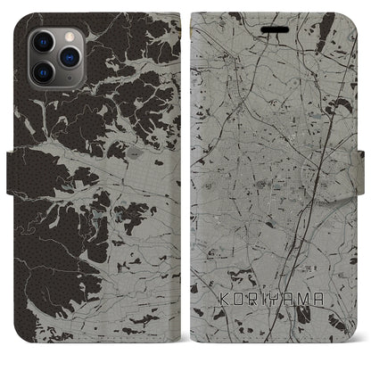 【郡山（福島県）】地図柄iPhoneケース（手帳タイプ）モノトーン・iPhone 11 Pro Max 用