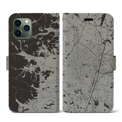 【郡山（福島県）】地図柄iPhoneケース（手帳タイプ）モノトーン・iPhone 11 Pro 用