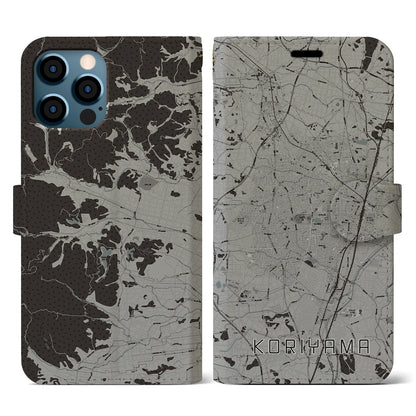 【郡山（福島県）】地図柄iPhoneケース（手帳タイプ）モノトーン・iPhone 12 / 12 Pro 用