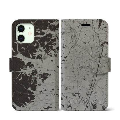 【郡山（福島県）】地図柄iPhoneケース（手帳タイプ）モノトーン・iPhone 12 mini 用