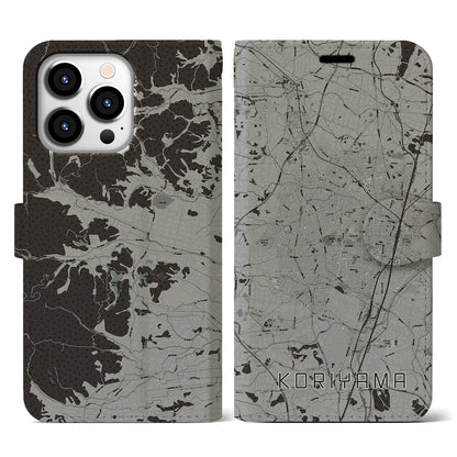 【郡山（福島県）】地図柄iPhoneケース（手帳タイプ）モノトーン・iPhone 13 Pro 用