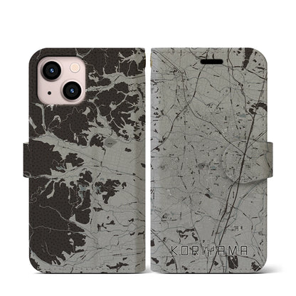 【郡山（福島県）】地図柄iPhoneケース（手帳タイプ）モノトーン・iPhone 13 mini 用