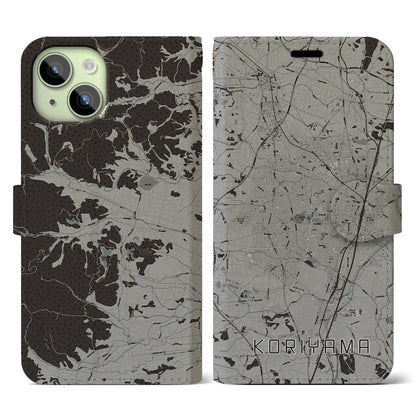 【郡山（福島県）】地図柄iPhoneケース（手帳タイプ）モノトーン・iPhone 15 用