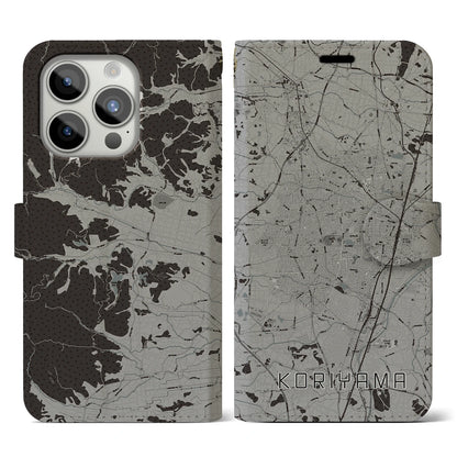 【郡山（福島県）】地図柄iPhoneケース（手帳タイプ）モノトーン・iPhone 15 Pro 用