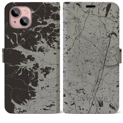 【郡山（福島県）】地図柄iPhoneケース（手帳タイプ）モノトーン・iPhone 15 Plus 用