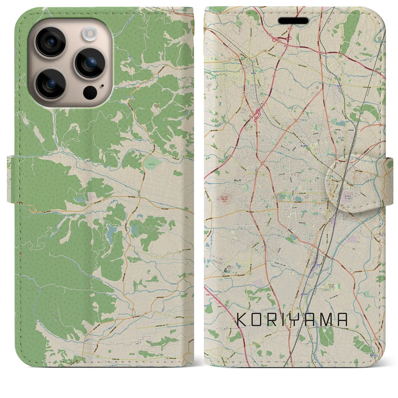 【郡山（福島県）】地図柄iPhoneケース（手帳タイプ）ナチュラル・iPhone 16 Plus 用