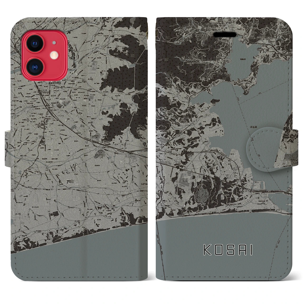 【湖西】地図柄iPhoneケース（手帳両面タイプ・モノトーン）iPhone 11 用