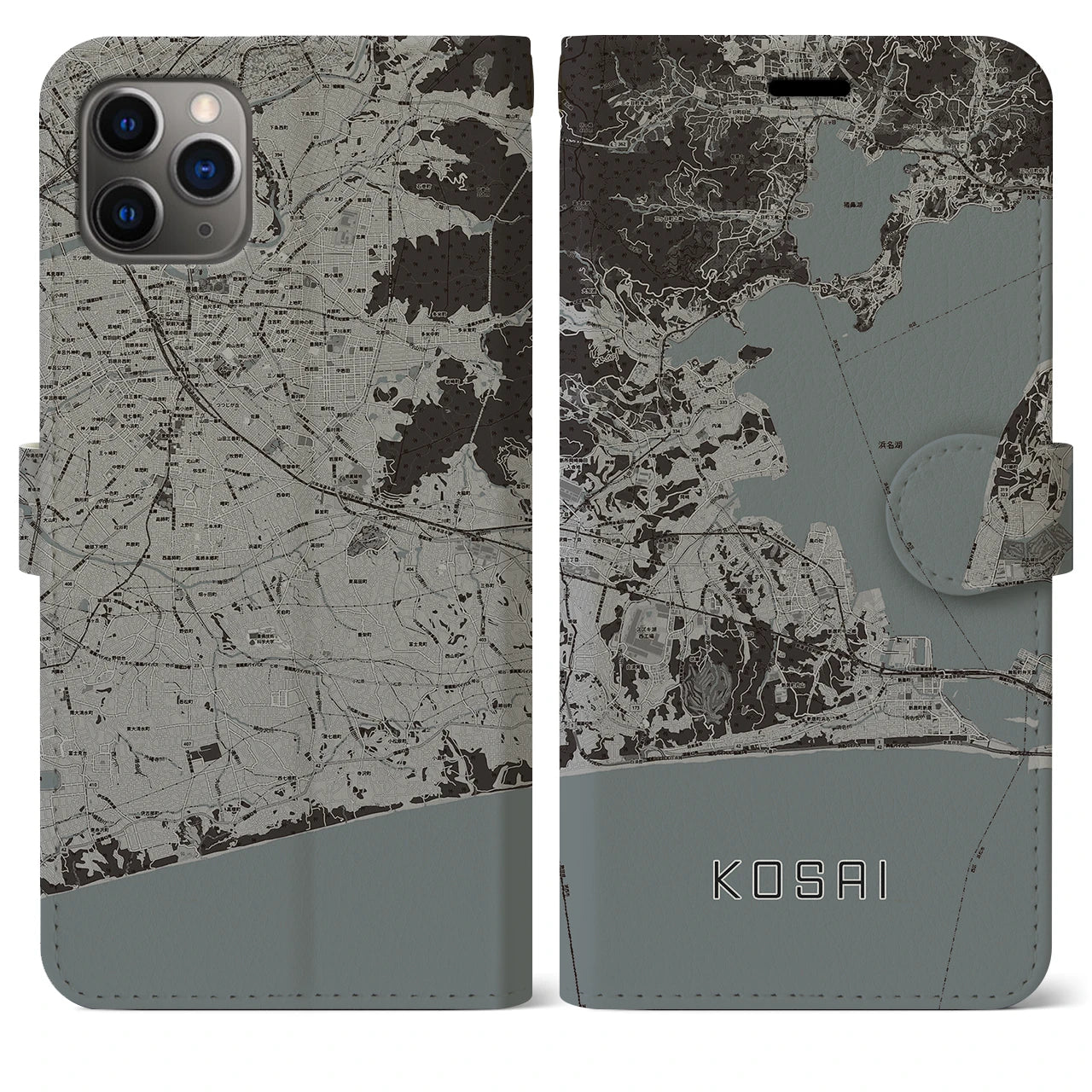 【湖西】地図柄iPhoneケース（手帳両面タイプ・モノトーン）iPhone 11 Pro Max 用