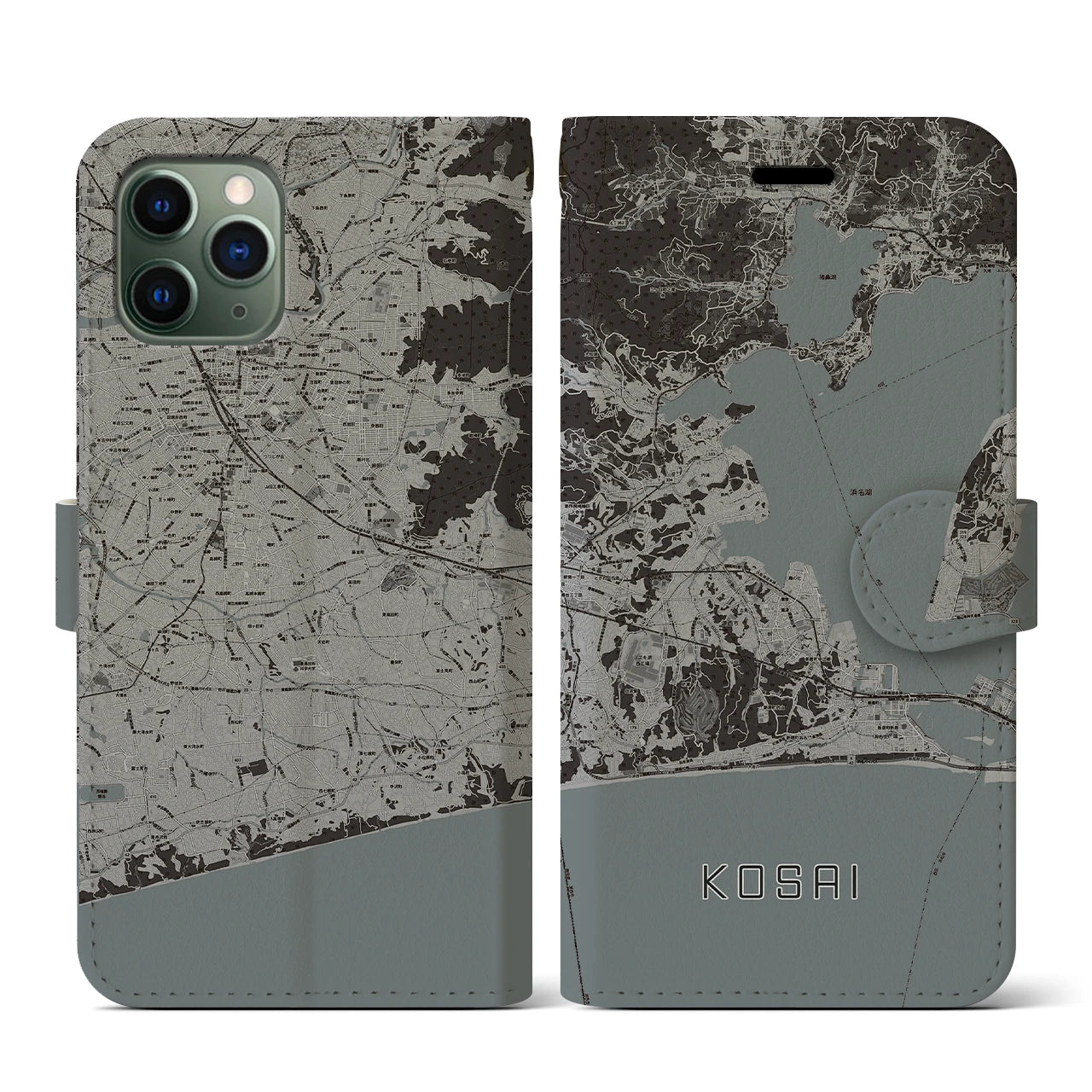 【湖西】地図柄iPhoneケース（手帳両面タイプ・モノトーン）iPhone 11 Pro 用