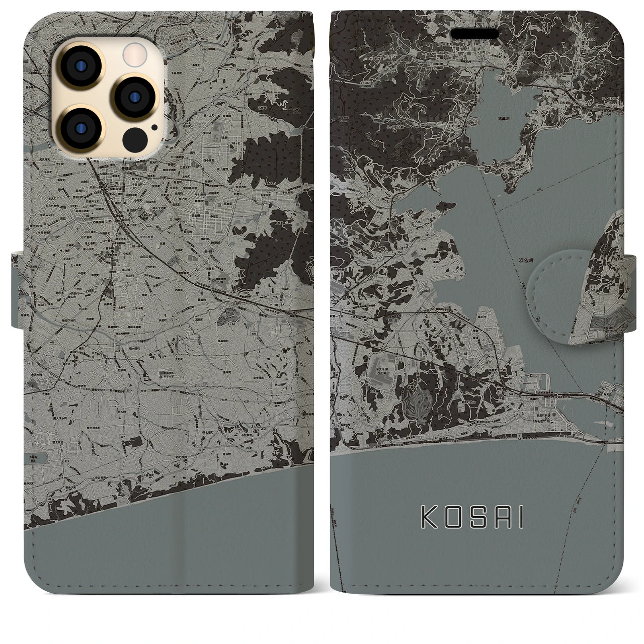 【湖西】地図柄iPhoneケース（手帳両面タイプ・モノトーン）iPhone 12 Pro Max 用