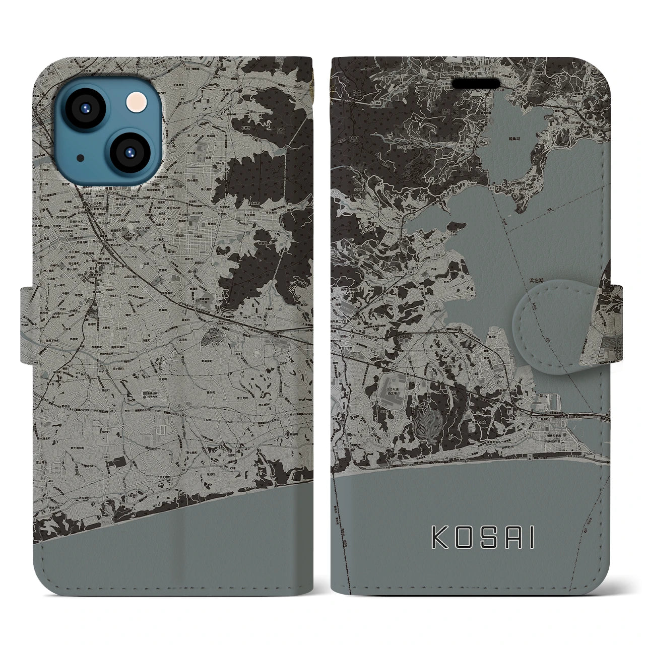 【湖西】地図柄iPhoneケース（手帳両面タイプ・モノトーン）iPhone 13 用