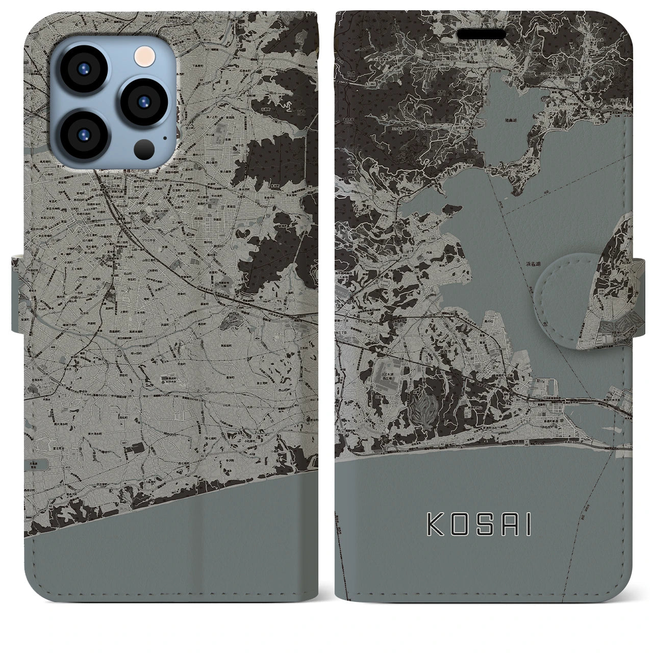 【湖西】地図柄iPhoneケース（手帳両面タイプ・モノトーン）iPhone 13 Pro Max 用