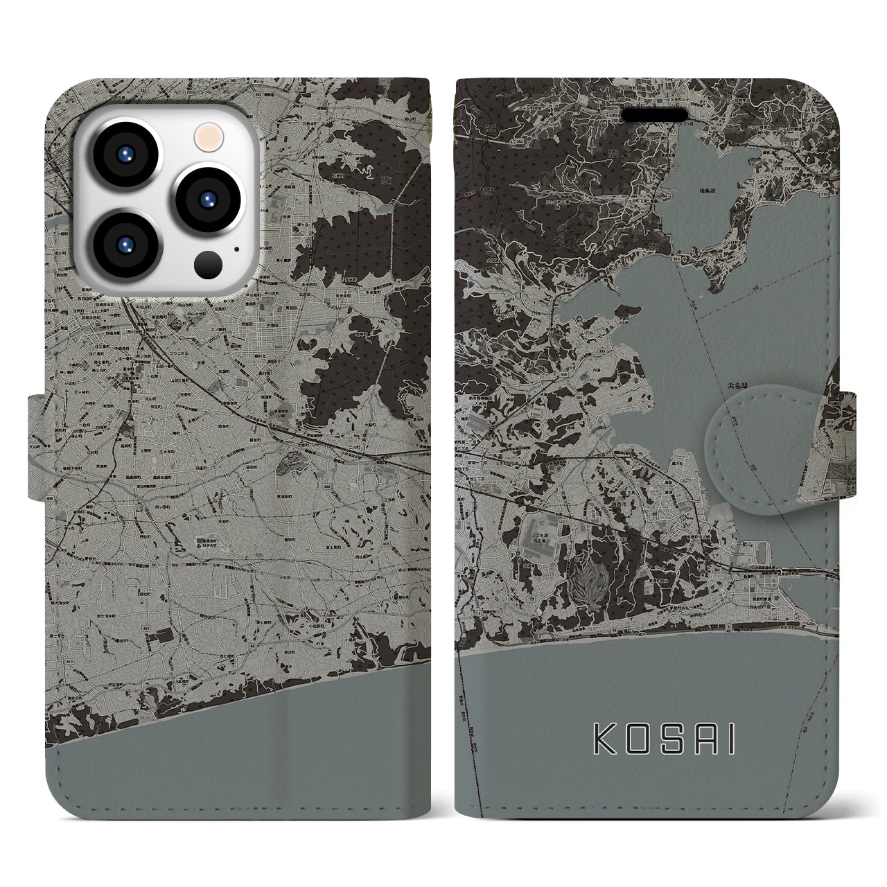 【湖西】地図柄iPhoneケース（手帳両面タイプ・モノトーン）iPhone 13 Pro 用