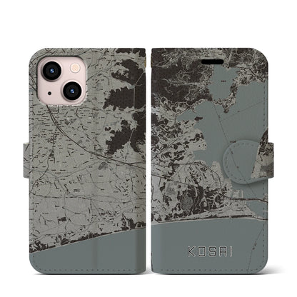 【湖西（静岡県）】地図柄iPhoneケース（手帳タイプ）モノトーン・iPhone 13 mini 用