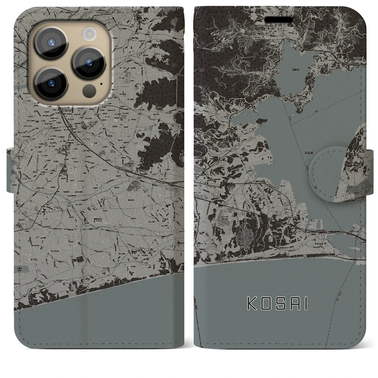 【湖西】地図柄iPhoneケース（手帳両面タイプ・モノトーン）iPhone 14 Pro Max 用