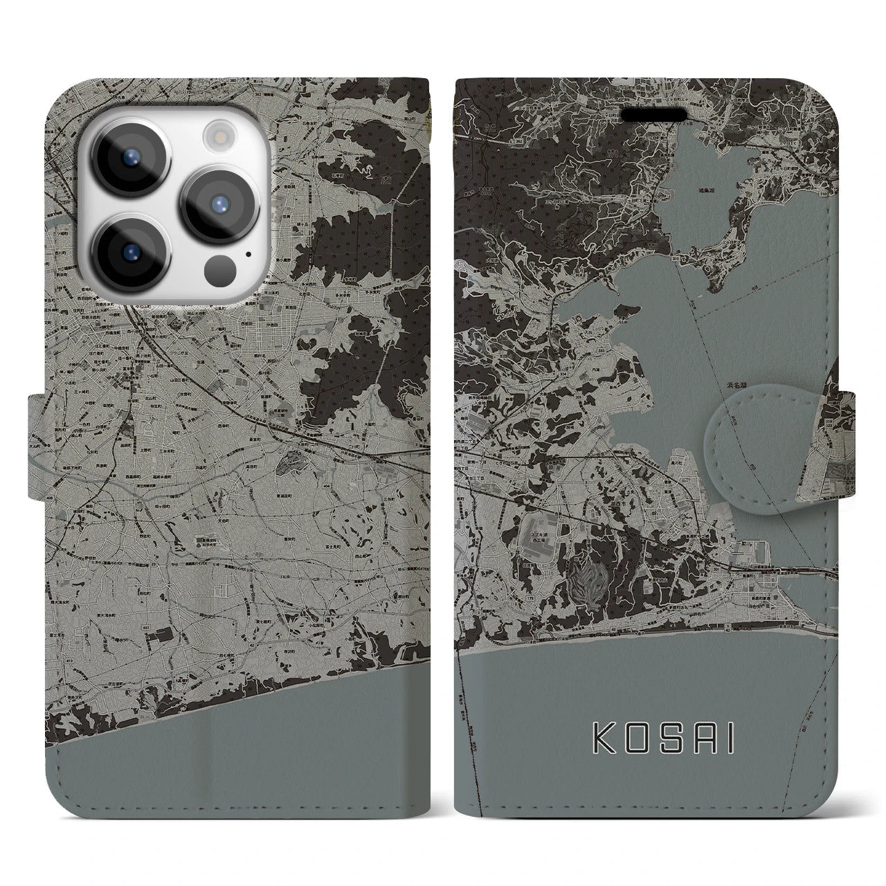 【湖西】地図柄iPhoneケース（手帳両面タイプ・モノトーン）iPhone 14 Pro 用
