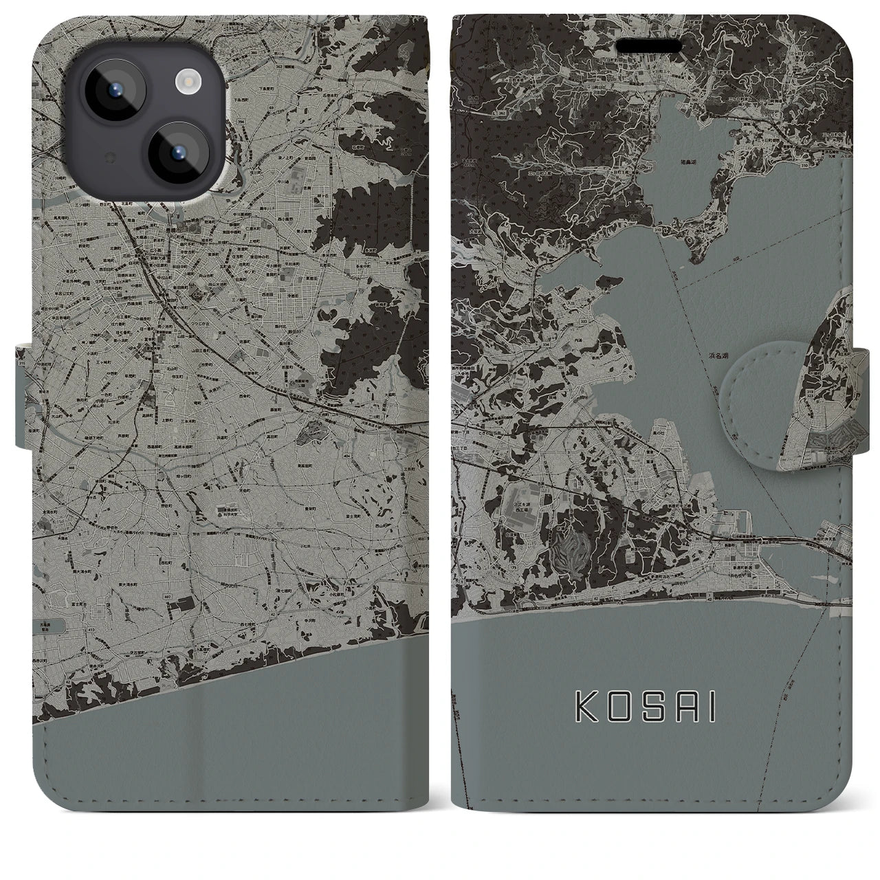 【湖西】地図柄iPhoneケース（手帳両面タイプ・モノトーン）iPhone 14 Plus 用