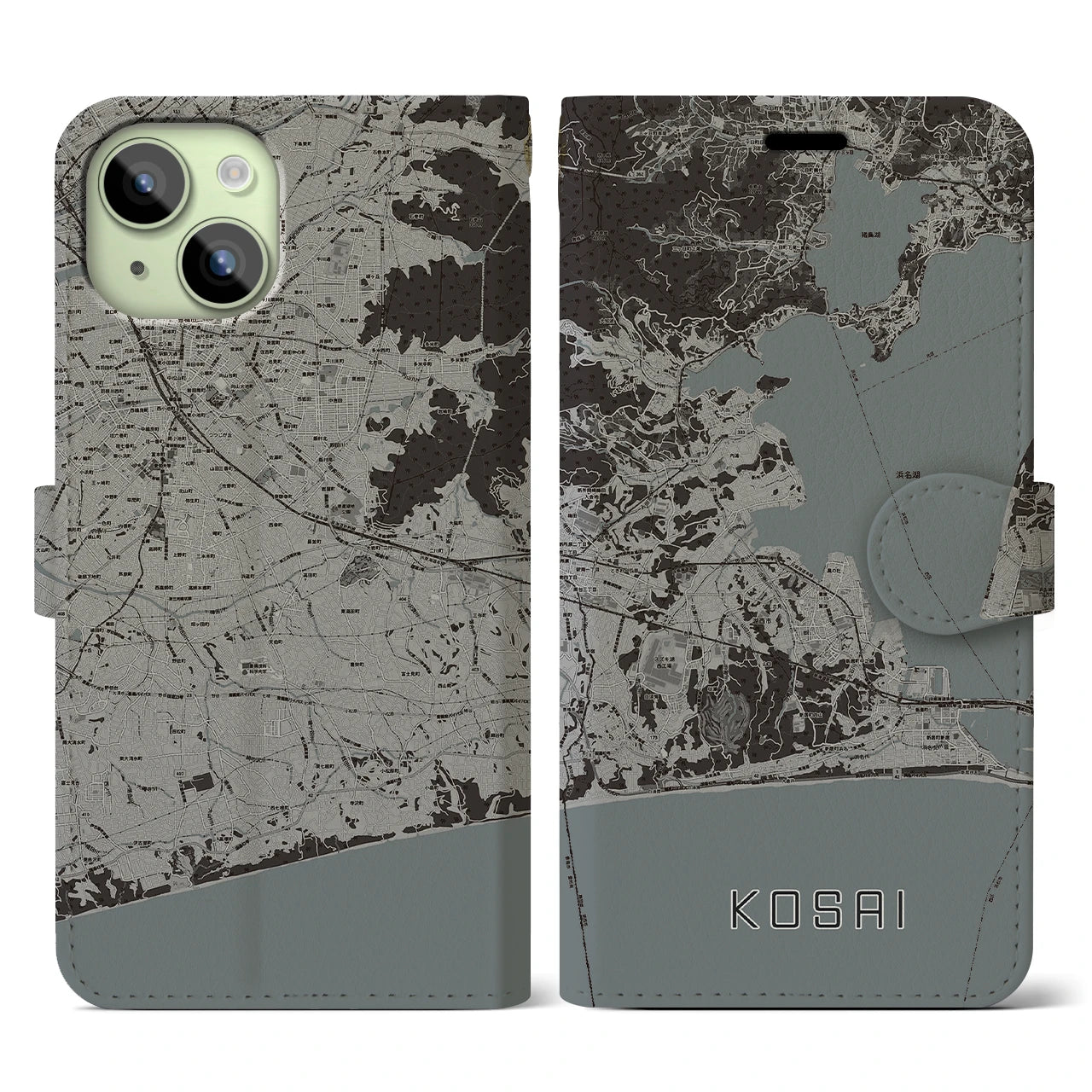 【湖西】地図柄iPhoneケース（手帳両面タイプ・モノトーン）iPhone 15 用