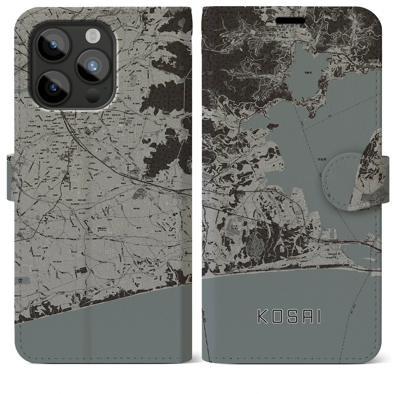 【湖西】地図柄iPhoneケース（手帳両面タイプ・モノトーン）iPhone 15 Pro Max 用