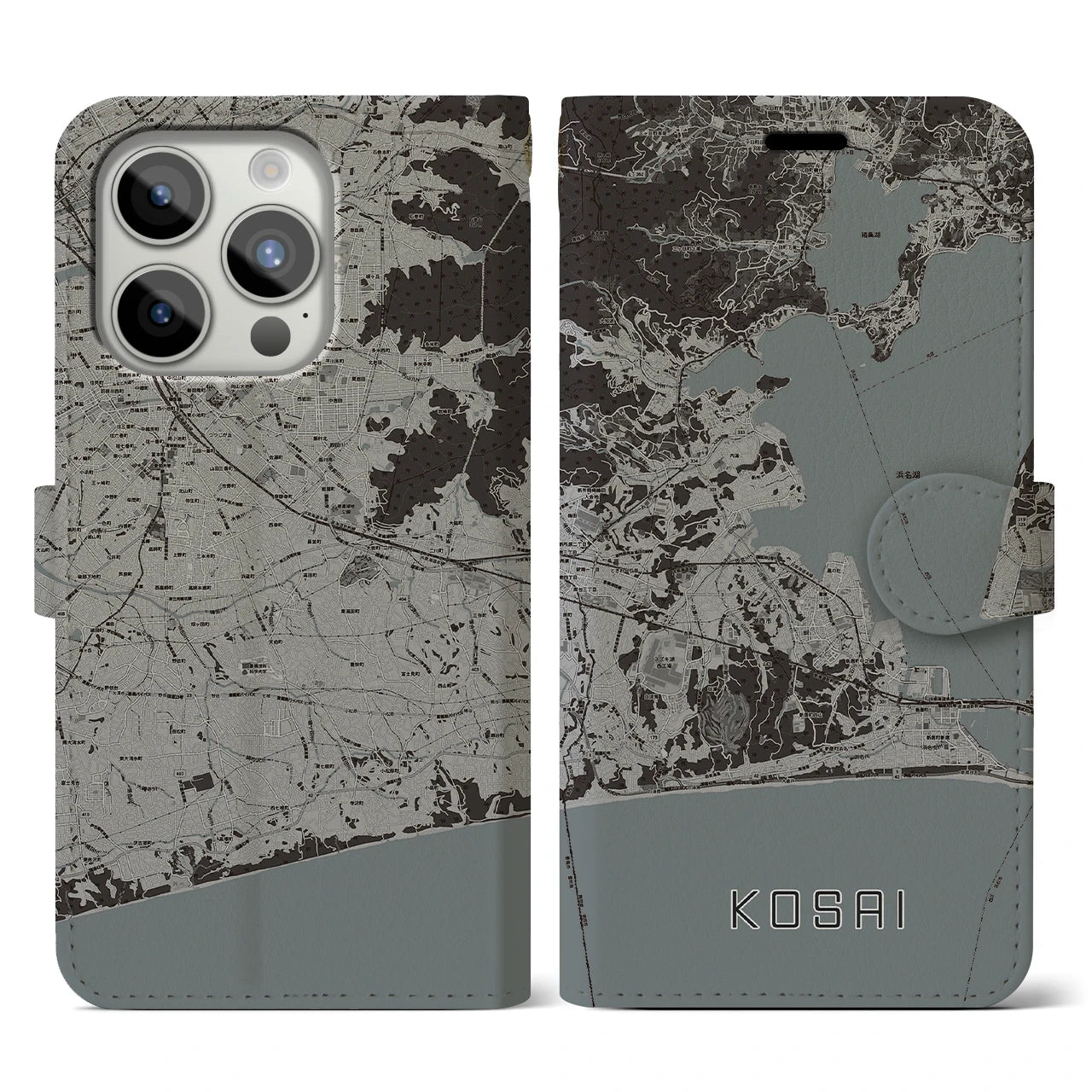 【湖西】地図柄iPhoneケース（手帳両面タイプ・モノトーン）iPhone 15 Pro 用