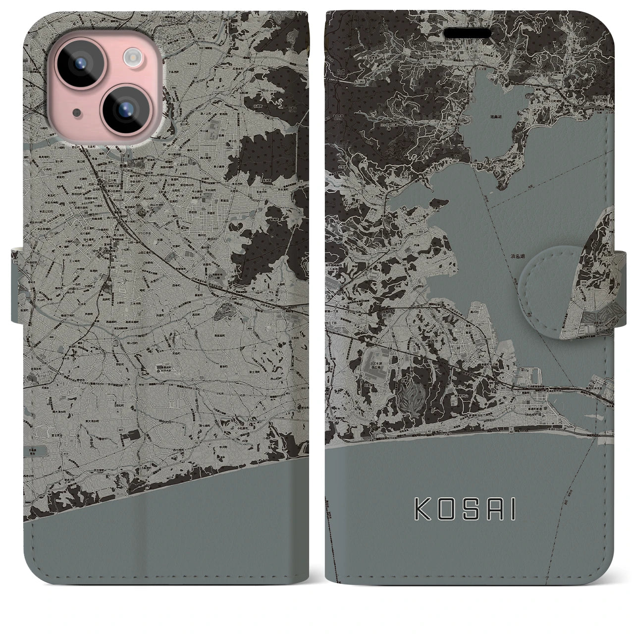 【湖西】地図柄iPhoneケース（手帳両面タイプ・モノトーン）iPhone 15 Plus 用