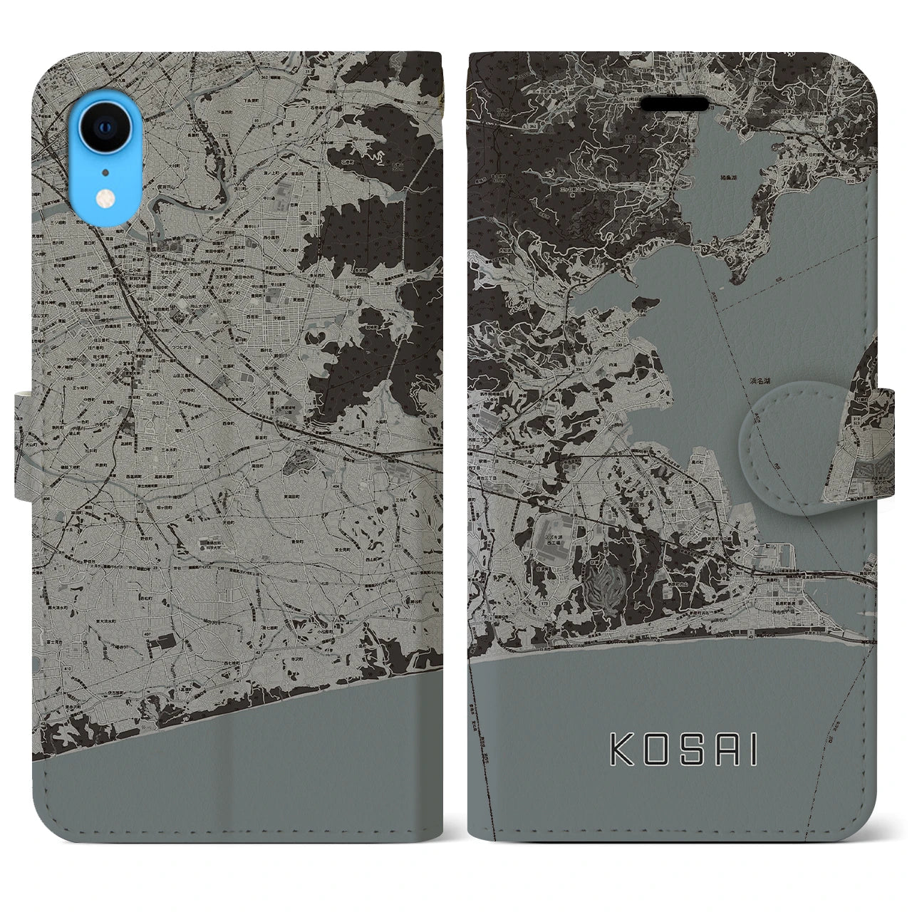 【湖西】地図柄iPhoneケース（手帳両面タイプ・モノトーン）iPhone XR 用
