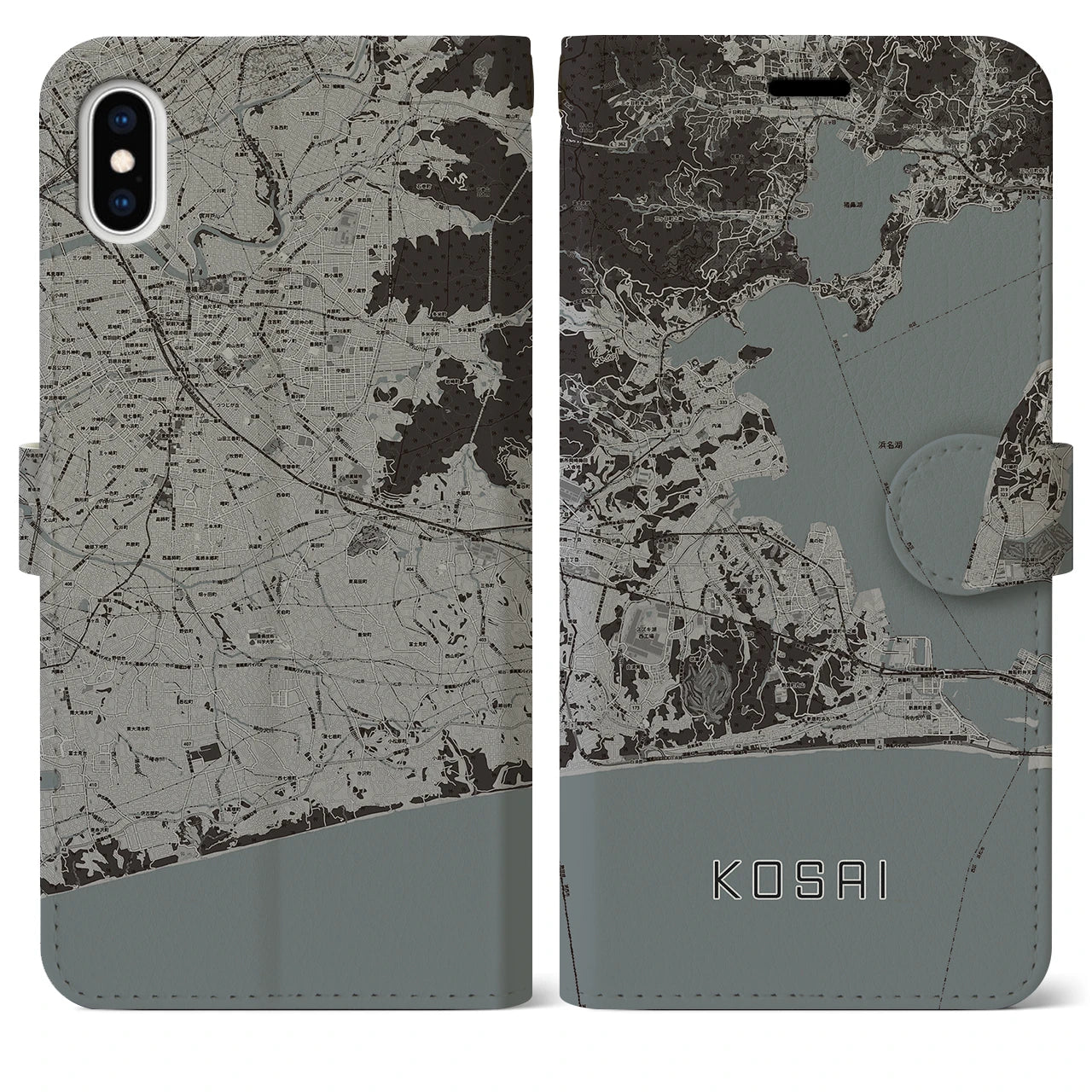 【湖西】地図柄iPhoneケース（手帳両面タイプ・モノトーン）iPhone XS Max 用