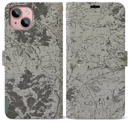 【合志（熊本県）】地図柄iPhoneケース（手帳タイプ）モノトーン・iPhone 15 Plus 用