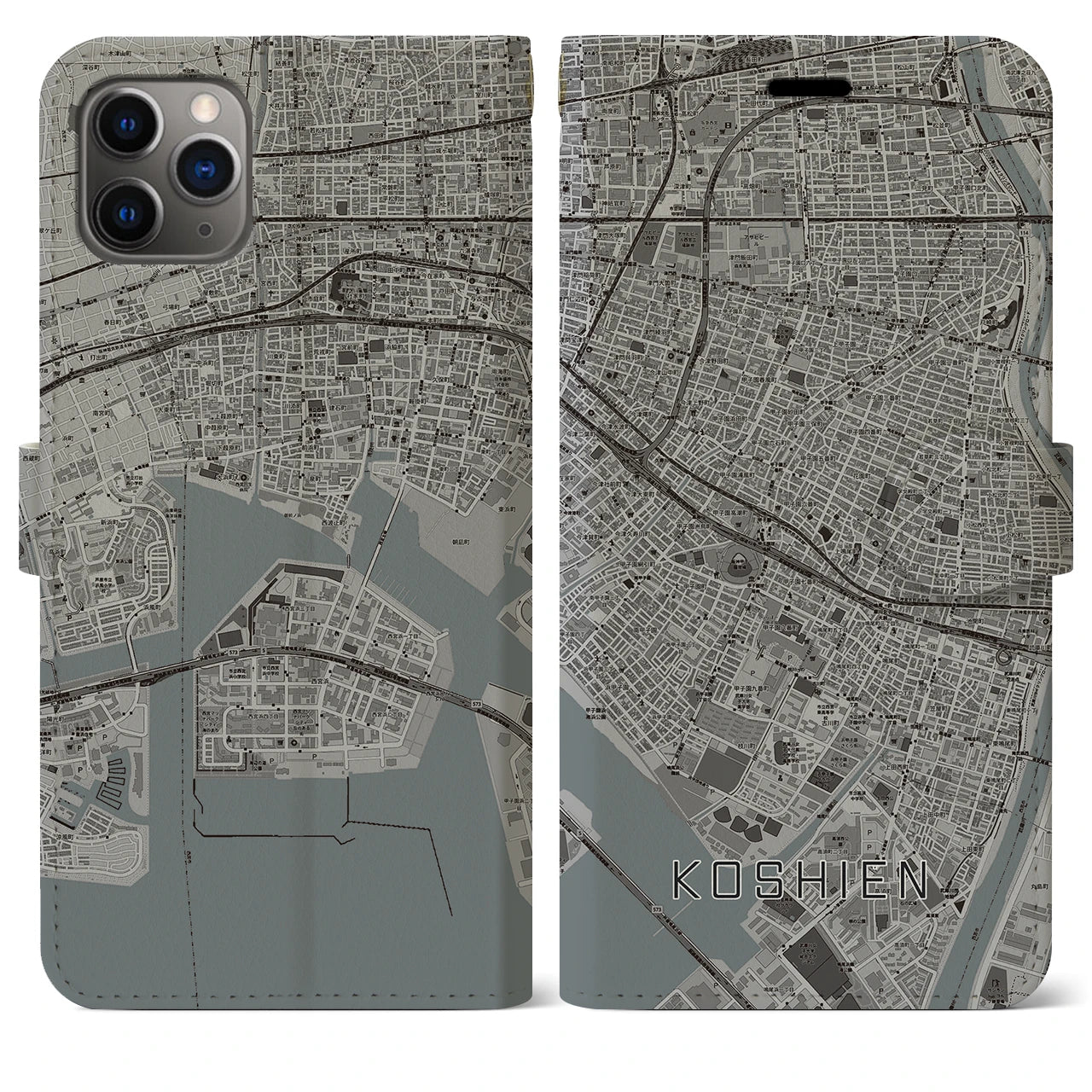 【甲子園】地図柄iPhoneケース（手帳両面タイプ・モノトーン）iPhone 11 Pro Max 用