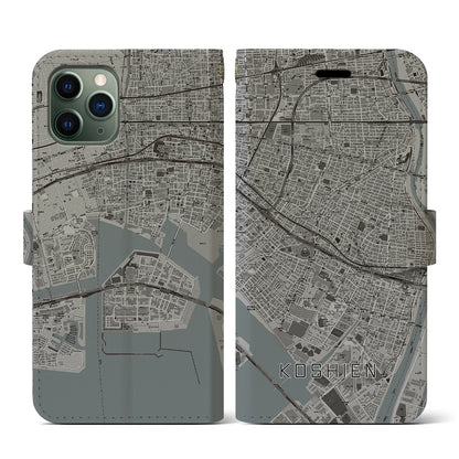 【甲子園（兵庫県）】地図柄iPhoneケース（手帳タイプ）モノトーン・iPhone 11 Pro 用