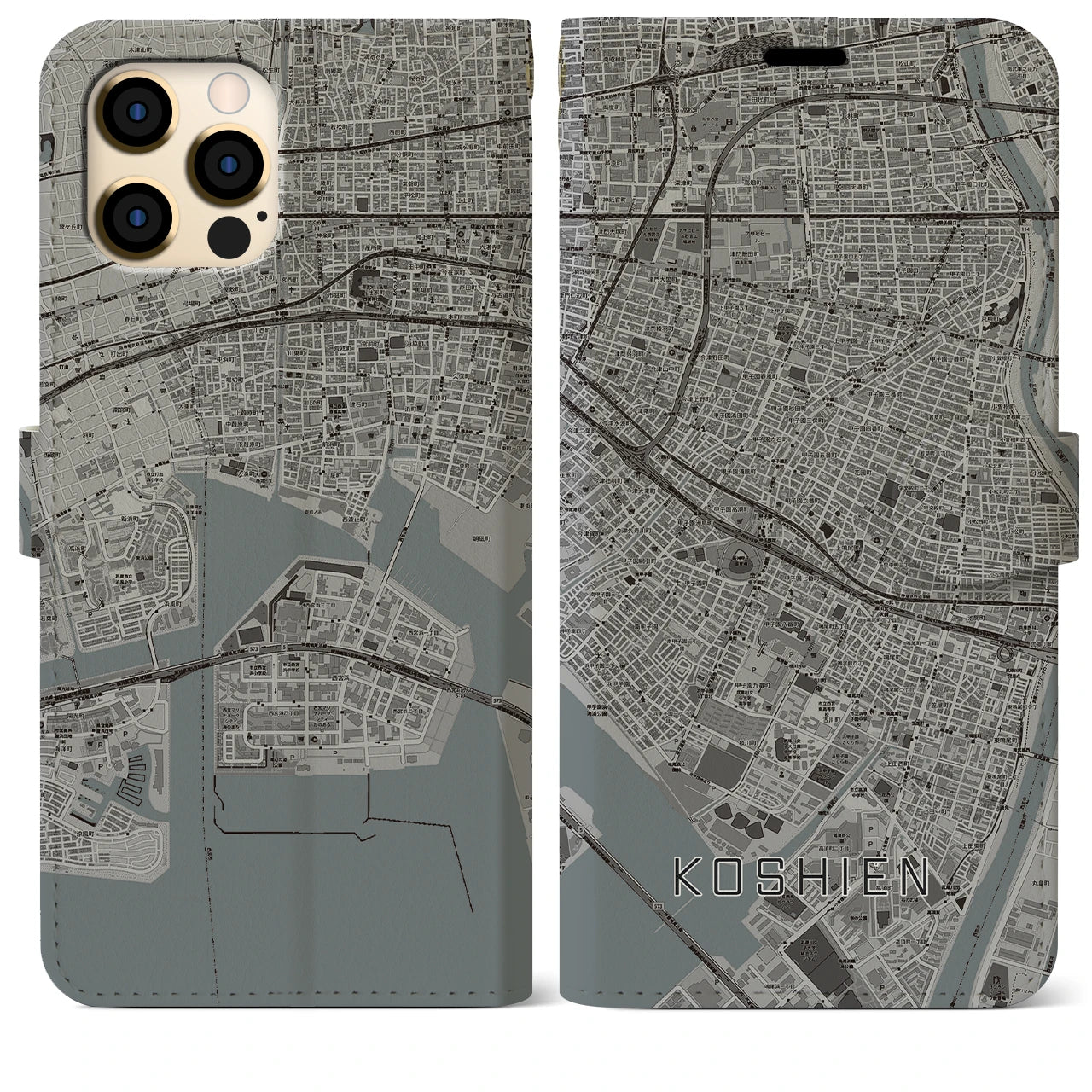 【甲子園】地図柄iPhoneケース（手帳両面タイプ・モノトーン）iPhone 12 Pro Max 用