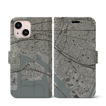 【甲子園（兵庫県）】地図柄iPhoneケース（手帳タイプ）モノトーン・iPhone 13 mini 用