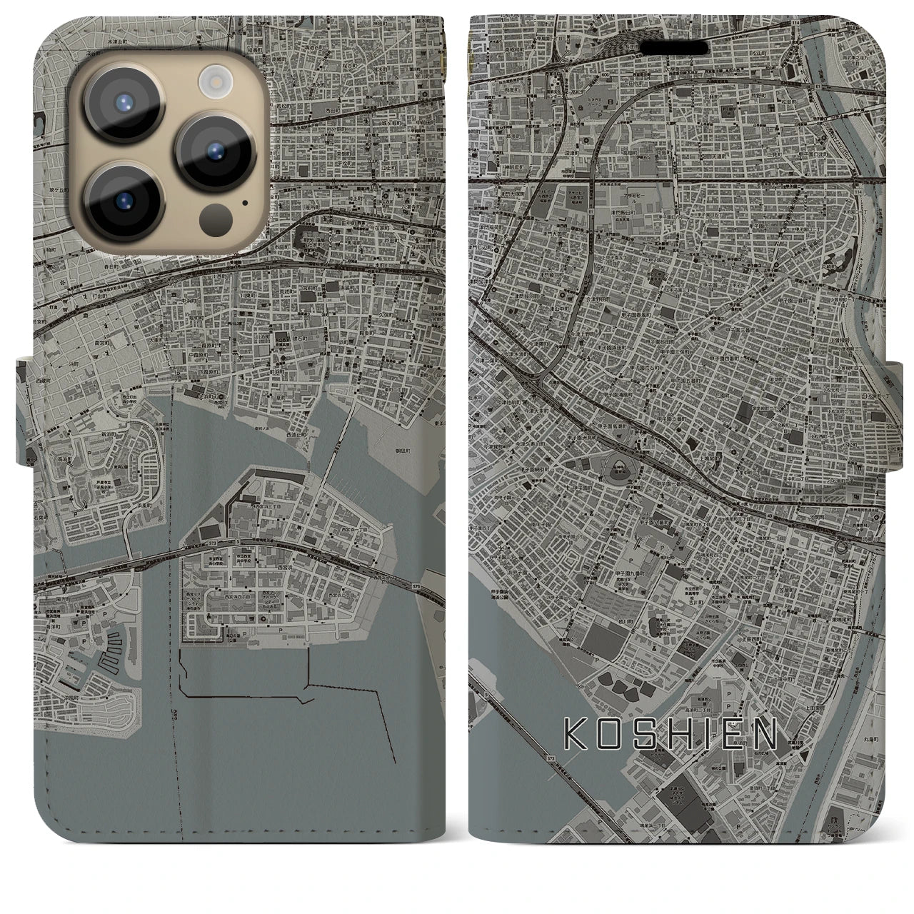 【甲子園】地図柄iPhoneケース（手帳両面タイプ・モノトーン）iPhone 14 Pro Max 用