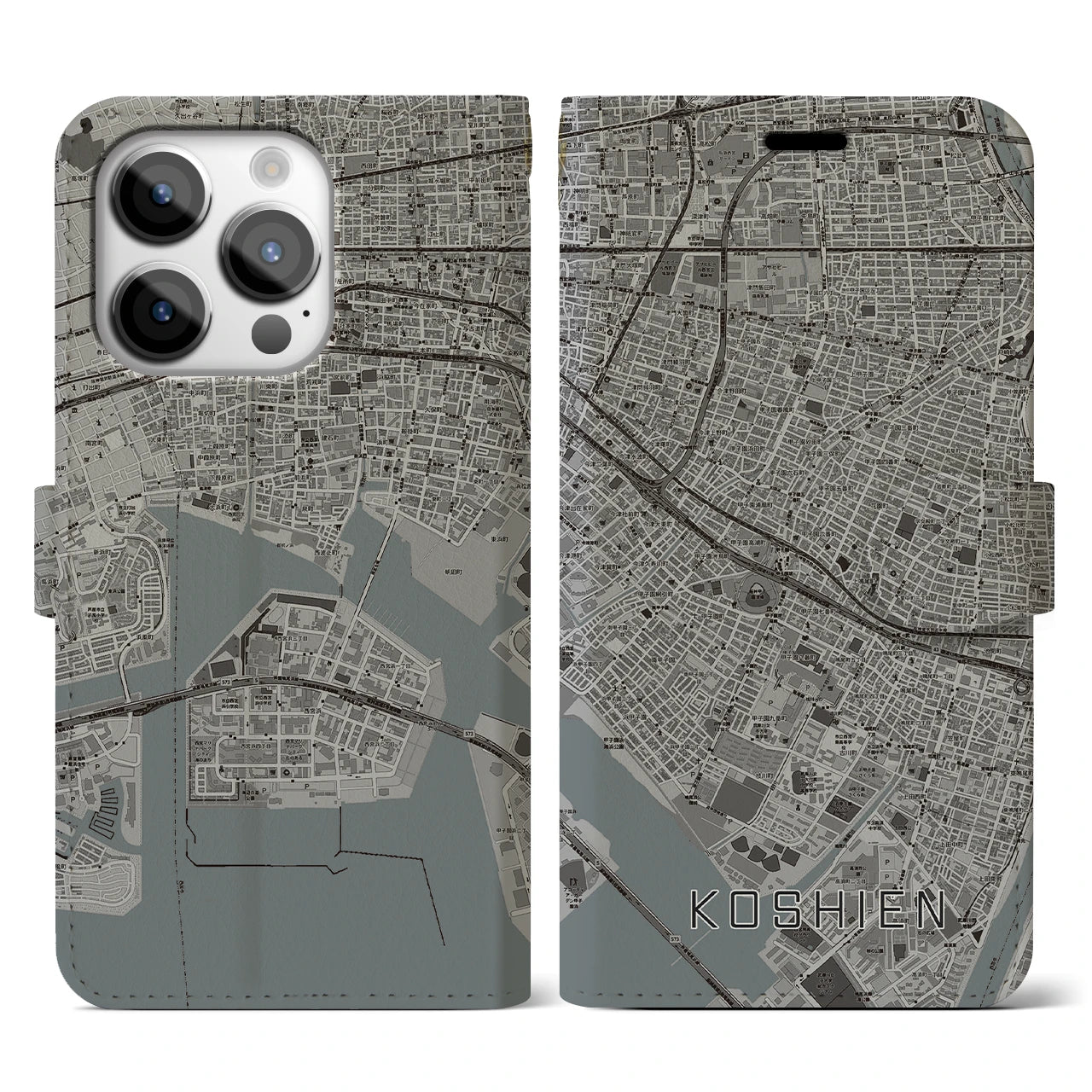 【甲子園】地図柄iPhoneケース（手帳両面タイプ・モノトーン）iPhone 14 Pro 用