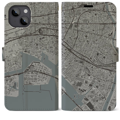 【甲子園（兵庫県）】地図柄iPhoneケース（手帳タイプ）モノトーン・iPhone 14 Plus 用