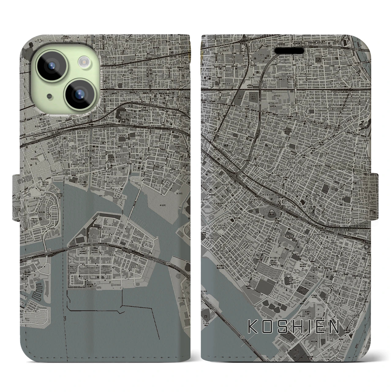 【甲子園】地図柄iPhoneケース（手帳両面タイプ・モノトーン）iPhone 15 用
