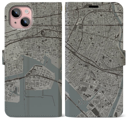 【甲子園（兵庫県）】地図柄iPhoneケース（手帳タイプ）モノトーン・iPhone 15 Plus 用