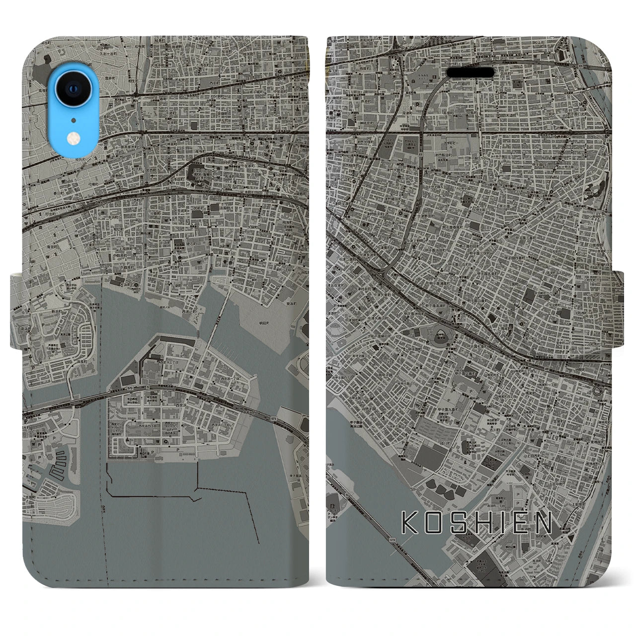 【甲子園】地図柄iPhoneケース（手帳両面タイプ・モノトーン）iPhone XR 用