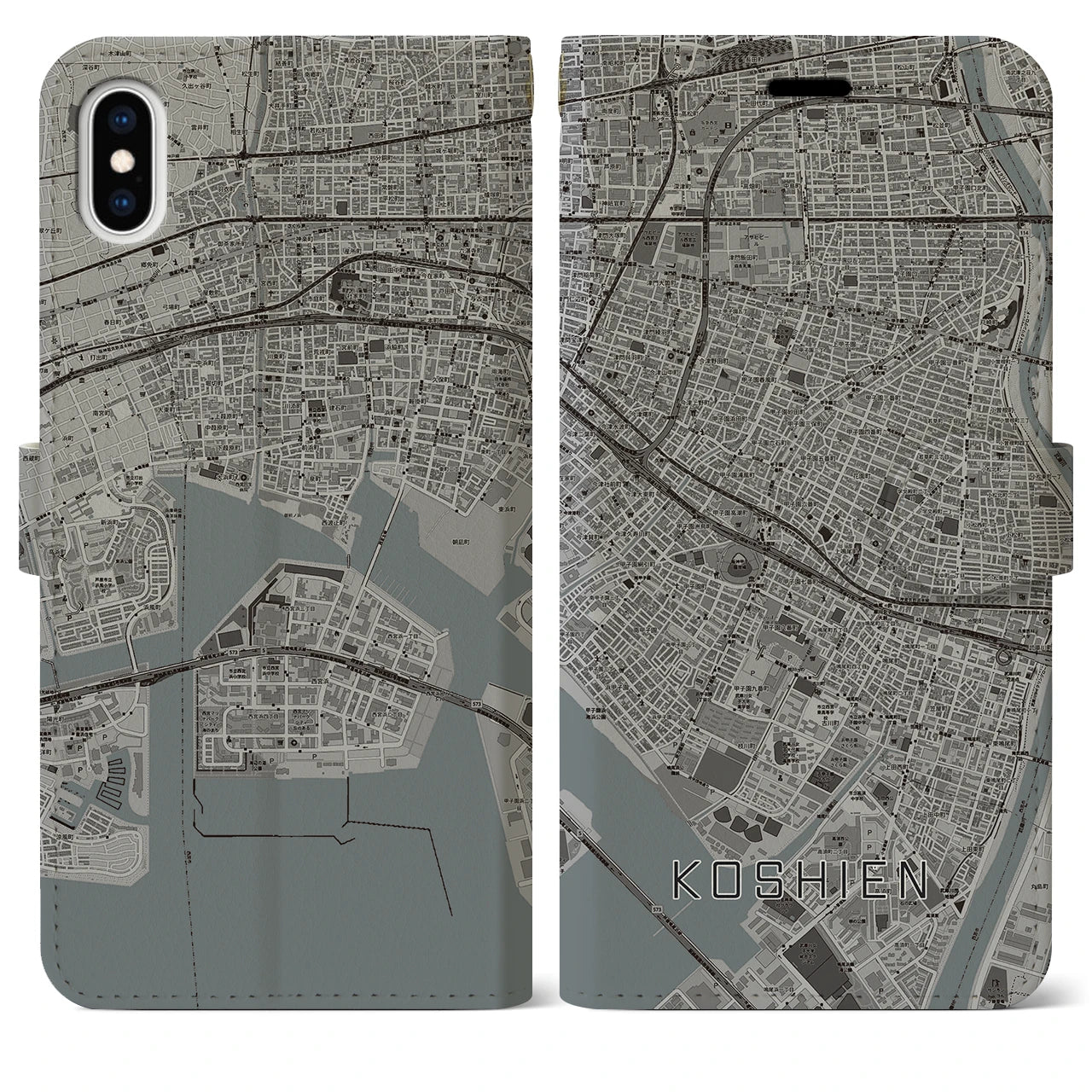 【甲子園】地図柄iPhoneケース（手帳両面タイプ・モノトーン）iPhone XS Max 用