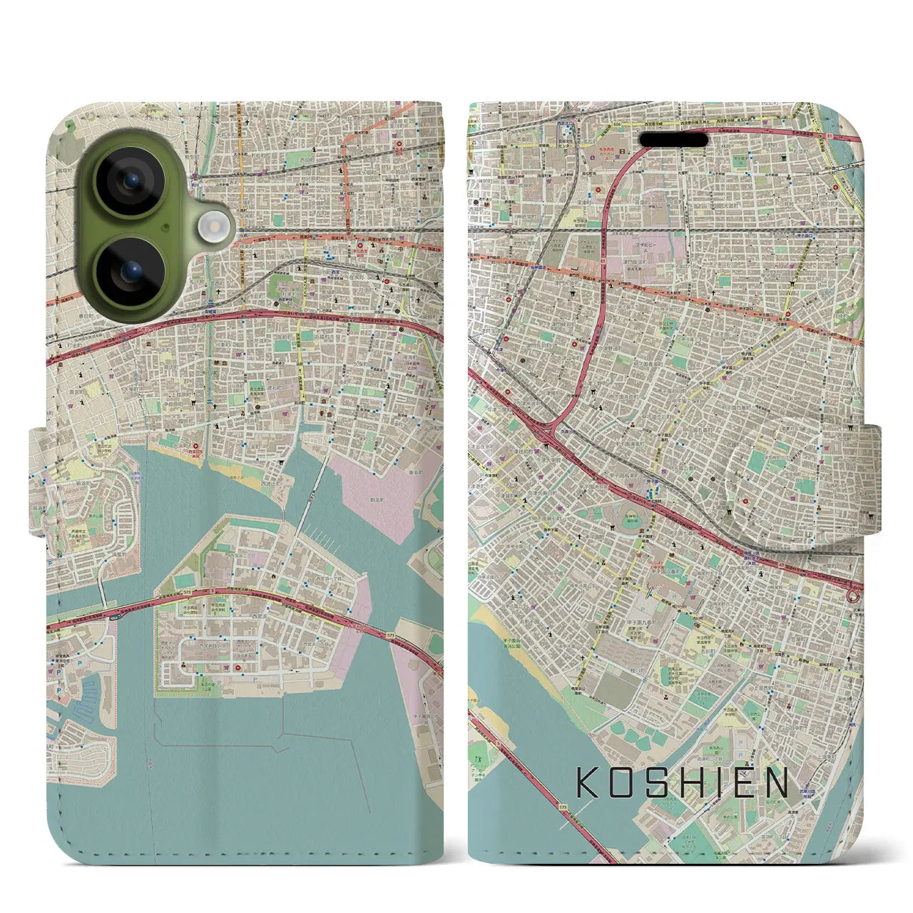 【甲子園（兵庫県）】地図柄iPhoneケース（手帳タイプ）