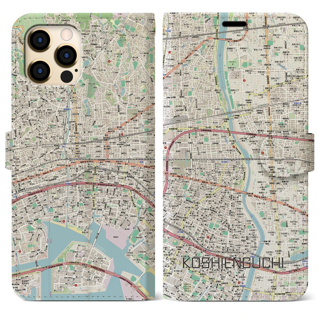 【甲子園口（兵庫県）】地図柄iPhoneケース（手帳タイプ）